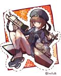  10011018 1girl bangs black_neckwear blue_dress blunt_bangs blush brown_eyes brown_hair dress eyebrows_visible_through_hair eyelashes floral_print full_body hair_between_eyes hand_up hat holding holding_weapon kantai_collection long_sleeves looking_at_viewer machinery open_mouth outline peaked_cap rigging sailor_collar sailor_dress sailor_hat shoes socks solo twitter_username weapon white_background z3_max_schultz_(kantai_collection) 