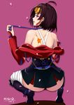  ass brown_hair choker from_behind goggles goggles_on_head hair_ribbon highres illusionk japanese_clothes kimono koutetsujou_no_kabaneri lace lace-trimmed_panties looking_back mumei_(kabaneri) panties red_eyes ribbon short_hair solo spoilers squatting thong underwear 