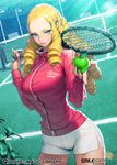  blonde_hair blue_eyes breasts cowboy_shot dutch_angle green_apple jacket large_breasts light_rays long_hair looking_at_viewer ningu official_art pinky_out qurare_magic_library racket ringlets shorts solo sportswear tennis_court tennis_racket tennis_uniform track_jacket white_shorts 