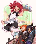  3boys alain_(pokemon) alternate_costume ameiro_pk apron beard brown_eyes choker clapping dress enmaided facial_hair fleur-de-lis_(pokemon) frills heart maid maid_apron maid_headdress manon_(pokemon) multiple_boys orange_hair pokemon pokemon_(anime) pokemon_xy_(anime) puffy_sleeves red_hair short_hair silver_hair smile thighhighs tray tsuwabuki_daigo video_camera waist_apron white_legwear 