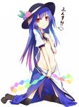  &gt;:) =3 animal_ears black_hat blouse blue_dress blue_hair bow bowtie breasts brown_footwear dog_ears dog_tail dress dress_pull food fruit full_body gradient_hair groin hat hinanawi_tenshi ichiyan kemonomimi_mode kneeling leaf long_hair looking_at_viewer multicolored_hair navel no_bra panties peach pink_hair puffy_short_sleeves puffy_sleeves rainbow_gradient rainbow_order red_bow red_eyes red_neckwear shirt shirt_lift shoes short_sleeves slime_(dragon_quest) small_breasts smile solo star star-shaped_pupils striped striped_panties symbol-shaped_pupils tail touhou translated underboob underwear v-shaped_eyebrows when_you_see_it white_blouse white_shirt wing_collar 