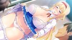  blonde_hair blue_eyes blush bra breasts denki_shougun faceless faceless_male game_cg hairband kyonyuu_jukujo_kyoushi large_breasts long_hair open_clothes open_mouth open_shirt panties pleated_skirt shirt skirt skirt_lift solo_focus thighhighs underwear yukina_(kyonyuu_jukujo_kyoushi) 