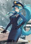  aircraft airplane blue_hair braid breasts delphine_(qurare) fighter_jet glasses hand_on_hip jet large_breasts long_hair looking_at_viewer military military_uniform military_vehicle ningu pantyhose pointy_ears ponytail qurare_magic_library snow solo uniform yellow_eyes 