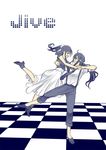  1girl ahoge black_hair bow checkered checkered_floor dancing english female_saniwa_(touken_ranbu) grin hair_bow high_heels namazuo_toushirou necktie open_mouth ponytail saniwa_(touken_ranbu) skirt smile suspenders touken_ranbu tsugumi_(uzurabird) 