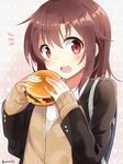  1girl bad_id bad_pixiv_id bag blazer brown_hair cardigan cheese eating food hamburger jacket looking_at_viewer open_mouth original red_eyes sasahara_wakaba school_bag school_uniform short_hair sleeves_past_wrists solo twitter_username 