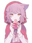  animal_ears apple cape eating fangs food fruit holding holding_food holding_fruit hood hooded_jacket jacket looking_at_viewer mizuki_(koko_lost) open_mouth original pink_hair red_hood short_hair simple_background solo teeth upper_body white_background wolf_ears yellow_eyes 