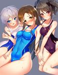  :d anastasia_(idolmaster) bare_arms bare_legs bare_shoulders between_breasts black_bow blue_eyes blue_swimsuit blush bow breast_press breasts brown_eyes brown_hair chiro_(norishiro_michiro) cleavage collarbone competition_swimsuit eyebrows eyebrows_visible_through_hair girl_sandwich grey_background groin hair_between_eyes hair_bow head_tilt highres idolmaster idolmaster_cinderella_girls kanzaki_ranko kneeling large_breasts long_hair looking_at_viewer multiple_girls nitta_minami one-piece_swimsuit open_mouth purple_swimsuit sandwiched shiny shiny_clothes shiny_skin short_hair silver_hair simple_background sitting skin_tight smile swimsuit twintails water water_drop wet 