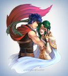  1girl armor artist_name bandages blue_background blue_eyes blue_hair cape commentary crying elbow_gloves elincia_ridell_crimea fingerless_gloves fire_emblem fire_emblem:_akatsuki_no_megami fire_emblem:_souen_no_kiseki gloves gradient gradient_background green_hair gzei headband ike jewelry muscle pauldrons pegasus_knight shirt simple_background sleeveless sleeveless_shirt smile tiara watermark 