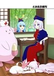  alternate_eye_color blue_eyes blue_hair blush bow chair chansey desk fujiwara_no_mokou gen_1_pokemon gen_6_pokemon hair_bow hair_ribbon hat highres juliet_sleeves kamishirasawa_keine long_sleeves lying mattari_yufi multiple_girls nurse_cap on_stomach open_mouth paper pen pokemon pokemon_(creature) puffy_sleeves red_eyes ribbon silver_hair sitting smile sylveon touhou translated tress_ribbon yagokoro_eirin yellow_eyes 