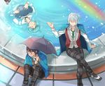  aqua_hair blue_hair braid character_doll closed_eyes crossed_legs ensemble_stars! fountain gen_3_pokemon hibiki_wataru hiyokko_ep jacket_on_shoulders long_hair looking_to_the_side male_focus mole multiple_boys pants plaid plaid_pants pokemon pokemon_(creature) rainbow red_eyes sakuma_rei_(ensemble_stars!) shinkai_kanata sitting smile umbrella wailmer 