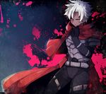  cape dark_skin dark_skinned_male emiya_kiritsugu emiya_kiritsugu_(assassin) fate/grand_order fate_(series) gloves hood knife male_focus ponita red_eyes solo white_hair 