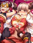  2girls alicia_(granblue_fantasy) aliza_(granblue_fantasy) blonde_hair blush breasts closed_eyes cum cum_on_body cum_on_breasts cum_on_upper_body demon_horns draph earrings elbow_gloves facial gauntlets gloves granblue_fantasy hair_pulled_back headpiece heavy_breathing highres horns jewelry large_breasts long_hair lying mature mother_and_daughter multiple_girls on_back open_mouth out_of_frame paizuri penis pointy_ears pov pov_hands red_eyes silver_hair sleeping smile stan_(grandblue_fantasy) tongue tongue_out umakatsuhai very_long_hair white_gloves 