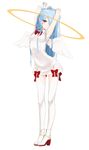  angel_wings armpits arms_up bare_arms blue_hair boots dress gloves hair_over_one_eye halo highres long_hair looking_at_viewer miruto_netsuki original red_eyes shirt sleeveless sleeveless_shirt solo thighhighs very_long_hair white_dress white_gloves white_legwear wings zettai_ryouiki 