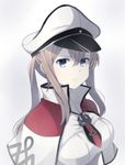  blonde_hair blue_eyes breasts capelet commentary_request cross graf_zeppelin_(kantai_collection) hair_between_eyes hat jacket kantai_collection large_breasts looking_at_viewer necktie peaked_cap sidelocks solo twintails white_background yukichi_(eikichi) 