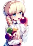  1girl absurdres ahoge apple artoria_pendragon_(all) bag baguette bangs black_neckwear blonde_hair blue_eyes blush braid bread breasts commentary_request eyebrows_visible_through_hair fate/stay_night fate_(series) food fruit highres holding holding_bag holding_food holding_fruit long_sleeves looking_at_viewer open_mouth peach red_apple ribbon saber shirt short_hair simple_background small_breasts solo tranquillianusmajor upper_body white_background white_shirt 