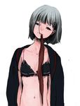  black_bra bra clothes_in_mouth commentary_request grey_hair head_tilt holding_clothes looking_at_viewer mii_(1994combo) mouth_hold navel open_clothes open_shirt original school_uniform serafuku shirt shirt_on_shoulders short_hair solo teeth thighhighs underwear 