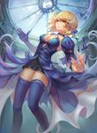  aaeru absurdres adapted_costume argyle_cutout arm_belt artoria_pendragon_(all) blonde_hair blue_dress blue_gloves blue_legwear blue_ribbon breasts choker cleavage criss-cross_halter dress eyebrows eyebrows_visible_through_hair fate/stay_night fate_(series) floating_hair gloves hair_between_eyes hair_ribbon halter_top halterneck highres indoors looking_at_viewer medium_breasts puffy_sleeves ribbon saber_alter shade single_glove solo thighhighs torn_ribbon yellow_eyes 