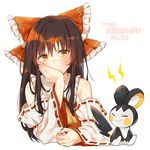  arm_support ascot bare_shoulders blush blush_stickers bow brown_hair closed_eyes dated detached_sleeves emolga frilled_bow frilled_shirt_collar frills gen_5_pokemon hair_bow hair_ribbon hair_tubes hajin hakurei_reimu highres lightning_bolt long_hair orange_eyes pokemon pokemon_(creature) ribbon ribbon_trim sidelocks simple_background sitting smile touhou white_background wide_sleeves 