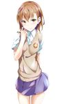  arm_behind_back bad_id bad_pixiv_id blue_skirt blush breasts brown_hair closed_mouth collared_shirt cowboy_shot emblem eyebrows eyebrows_visible_through_hair hair_between_eyes head_tilt highres lips looking_at_viewer misaka_mikoto scratching_cheek shiny shiny_skin shirt short_hair short_sleeves simple_background skirt small_breasts smile solo sweater_vest thighs to_aru_kagaku_no_railgun to_aru_majutsu_no_index toru_k tsurime white_background white_shirt wing_collar yellow_eyes 