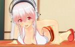 3d bare_shoulders blush breasts cleavage exercise headphones highres large_breasts long_hair looking_at_viewer navel nitroplus open_mouth pink_hair push-ups red_eyes smile solo super_sonico uld_macaron 
