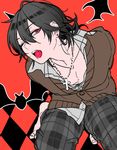  barefoot black_hair cardigan checkered cross cross_necklace ensemble_stars! fang jewelry long_hair male_focus necklace one_eye_closed open_mouth pants plaid plaid_pants red_background red_eyes sakuma_rei_(ensemble_stars!) solo tubuan_oisii 