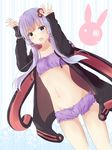  animal_hood arms_up bandeau bangs bunny_hood cinderella_bust collarbone cowboy_shot dutch_angle eyebrows eyebrows_visible_through_hair hair_ornament hairpin hood hood_down hoodie long_hair long_sleeves looking_at_viewer low_twintails midriff navel open_clothes open_hoodie open_mouth purple_ribbon ribbon solo stomach symbol-shaped_pupils twintails underwear vocaloid voiceroid yuki_(yukin0128) yuzuki_yukari 