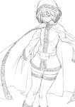 bangs belt_pouch boots cloak commentary_request greyscale hair_between_eyes high_collar highres hood hood_up hooded_cloak looking_at_viewer monochrome niwatazumi original pouch sketch skirt sleeves_past_wrists smile solo thighhighs wide_sleeves zettai_ryouiki 