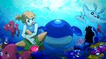  anniversary blue_eyes bubbles clamperl highres kasumi_(pokemon) luvdisc mantyke nihoshi orange_hair pokemon side_ponytail staryu swimsuit underwater wailmer water 