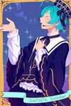  aqua_hair blue_hair character_name closed_eyes cross cross_necklace eighth_note ensemble_stars! from_side headset jewelry male_focus music musical_note necklace shinkai_kanata singing solo sparkle tubuan_oisii wide_sleeves 