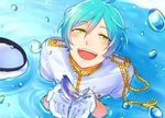  :d absurdres aqua_hair blue_hair blush cupping_hands ensemble_stars! fish from_above gloves green_eyes half_gloves hat hat_removed headwear_removed highres in_palm looking_at_viewer male_focus open_mouth pajero partially_submerged shinkai_kanata smile solo upper_body water 