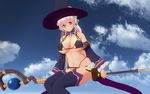  3d bare_shoulders bikini bikini_warriors blush breasts cleavage cosplay detached_sleeves flying hat headphones highres large_breasts long_hair looking_at_viewer mage_(bikini_warriors) mage_(bikini_warriors)_(cosplay) navel nitroplus pink_hair red_eyes sidesaddle smile solo staff super_sonico swimsuit thighhighs uld_macaron underboob witch_hat wizard_hat 