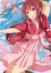  cherry_blossoms hakama japanese_clothes kamikaze_(kantai_collection) kantai_collection kimono long_hair meiji_schoolgirl_uniform natsu_narumi petals pink_hakama red_eyes red_hair skirt solo tasuki 