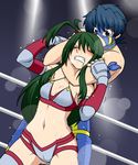  1girl ahoge arena asphyxiation blue_eyes blue_hair blue_thunder_mask blush choke_hold choking clenched_teeth cowboy_shot elbow_gloves eyes_closed green_hair kasu_fusuku legs_apart long_hair looking_at_another mask midriff navel ponytail ring_dream ryona saliva saliva_trail small_breasts sweat trembling uujiteki-33 zettai_ryouiki 