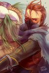  artist_name blush cape daikon fire_emblem fire_emblem_if food grey_background hasuyawn leaf male_focus mask one_eye_closed red_eyes red_hair saizou_(fire_emblem_if) scar solo 