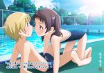  1girl all_fours announcement_celebration assertive barefoot black_hair blonde_hair competition_school_swimsuit girl_on_top hetero hiyori_mizuki light_smile looking_at_another one-piece_swimsuit pool poolside sansha_san'you school_swimsuit swimsuit takezono_yuu translated twintails usuda_sakura 