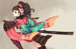  armor black_hair brown_eyes comb flower from_behind hair_flower hair_ornament holding holding_sword holding_weapon japanese_armor japanese_clothes katana kimono left-handed looking_back momohime oboro_muramasa ready_to_draw saimon_ma sheath short_kimono solo sword thighhighs weapon 