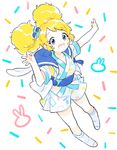  aikatsu! aikatsu!_(series) blonde_hair blue_eyes cosplay ensemble_stars! from_above full_body headset japanese_clothes kimono ok_sign open_clothes open_shirt rabbits_(ensemble_stars!) saegusa_kii sailor_collar sailor_shirt shiman shirt socks solo tassel yukata 