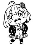  1girl :d ahoge animal_band_legwear arms_behind_back bkub blazer bow bowtie buttons cat_band_legwear chibi collared_shirt commentary dot_nose flower greyscale hair_between_eyes hair_flower hair_ornament high_contrast highres honma_himawari jacket looking_away looking_to_the_side medium_hair monochrome nijisanji open_mouth plaid plaid_skirt school_uniform shirt simple_background skirt smile solo sunflower_hair_ornament thighhighs upper_teeth white_background wing_collar 