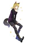  belt blonde_hair boots choker episode full_body hair_ornament hairpin looking_at_viewer male_focus monogatari_(series) shirayurine simple_background smile solo striped_clothes white_background wolf_ears wolf_tail yellow_eyes 