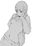  blush bra bra_lift breasts clothes_lift cowboy_shot earrings eyebrows eyebrows_visible_through_hair greyscale hands_on_own_chest highres jewelry kanbayashi_suzu lifted_by_self lineart long_sleeves midriff monochrome navel navel_piercing nipple_bar nipple_piercing nipples original panties piercing ponytail simple_background skirt skirt_pull sleeves_past_wrists small_breasts solo stomach stud_earrings sweater sweater_lift tsukino_wagamo underwear white_background 