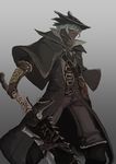  bandana bandana_over_mouth belt bloodborne boots brown_gloves buttons capelet chain cloak clock covered_mouth gloves gradient gradient_background green_eyes grey_background hat holding holding_weapon hunter_(bloodborne) knee_boots long_sleeves male_focus pants pocket_watch solo tricorne vandana watch weapon 