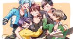  ;) arms_around_back belt blue_hair blush brown_eyes cheek_pull closed_eyes ensemble_stars! fan fingerless_gloves gloves hair_over_one_eye highres jacket male_focus morisawa_chiaki multicolored_hair multiple_boys nagumo_tetora one_eye_closed open_clothes open_jacket paper_fan ryuuseitai sengoku_shinobu shinkai_kanata smile streaked_hair takamine_midori togame_(grazie) yellow_eyes 