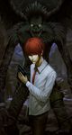  2boys artist_name black_hair book claws collared_shirt death_note death_note_(object) earrings envie_(wimi1115) highres horns jewelry male_focus multiple_boys necktie no_pupils open_mouth pointy_ears red_eyes red_hair ryuk sharp_teeth shinigami shirt smile teeth yagami_light yellow_eyes 