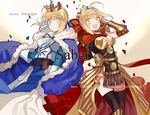  :d ahoge armlet armor armored_dress artoria_pendragon_(all) bad_id bad_pixiv_id black_legwear blonde_hair blue_cape blue_eyes bow breasts buun_ko cape capelet character_name cleavage crown fate/extra fate/grand_order fate/stay_night fate_(series) fur_trim gauntlets green_eyes hair_bow hair_ribbon hand_up jewelry large_breasts looking_at_viewer multiple_girls nero_claudius_(fate) nero_claudius_(fate)_(all) open_mouth petals ribbon saber smile thighhighs 