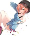  bottomless earrings eyebrows_visible_through_hair fang hat idolmaster idolmaster_cinderella_girls jewelry jougasaki_mika looking_at_viewer off_shoulder pink_hair ribbon ring shoes smile solo star star_print yellow_eyes yuran 