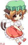  :3 animal_ears brown_eyes brown_hair cat_ears cat_tail chen closed_mouth commentary_request green_hat hat jewelry mob_cap multiple_tails nekomata pila-pela short_hair short_sleeves single_earring solo tail touhou two_tails 