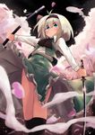  antenna_hair bare_legs black_bow black_legwear black_neckwear black_ribbon blue_eyes blurry blush bow bowtie cherry_blossoms depth_of_field dual_wielding green_skirt green_vest hair_ribbon hairband highres holding holding_sword holding_weapon kneehighs konpaku_youmu long_skirt long_sleeves looking_at_viewer night night_sky open_clothes open_vest outdoors outstretched_arm petals ribbon sheath sheathed shirt short_hair silver_hair skirt sky solo standing star_(sky) starry_sky sword thick_eyebrows touhou unsheathed upskirt vest visible_air waira weapon white_shirt wing_collar 