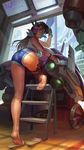  2016 barefoot bunny_headphones d.va_(overwatch) facial_mark feet food from_behind gloves headphones highres leg_up li_chunfu looking_at_viewer looking_back mecha overwatch popsicle sandals shorts soles solo toes whisker_markings wrench 