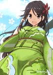  amagi_(kantai_collection) breasts brown_eyes brown_hair camouflage from_below hair_between_eyes japanese_clothes kantai_collection kimono long_hair looking_at_viewer mashayuki medium_breasts mole mole_under_eye obi open_mouth ponytail sash solo wide_sleeves 