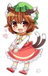  :3 animal_ears brown_eyes brown_hair cat_ears cat_tail chen fang green_hat hat heart ibaraki_natou jewelry long_sleeves mob_cap multiple_tails nekomata single_earring solo tail touhou two_tails white_background 
